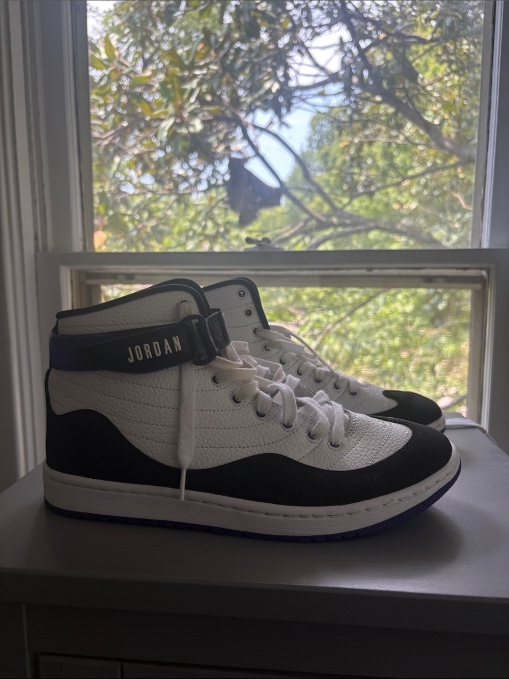 Jordan High-Top Sneakers in White, Black and Purple Accent